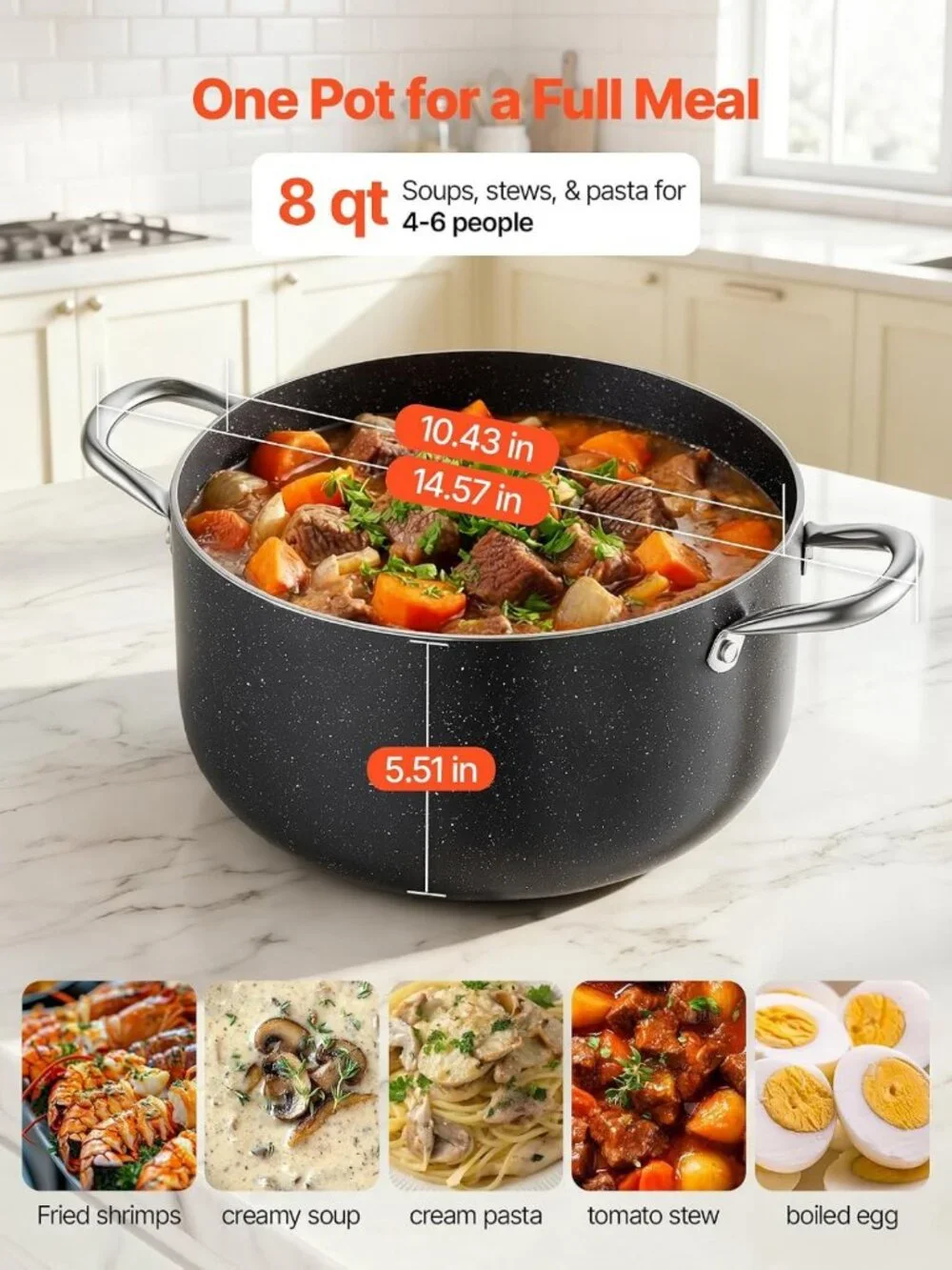 8-Quart Nonstick Aluminum Stock Pot with Glass Lid - PFOA-Free, Induction
